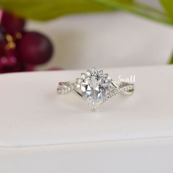 New Lab Diamond Halo Pear Engagement Ring - Picture 6 of 11